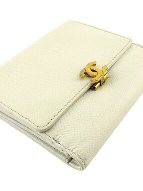 CHANEL W Wallet Coco Mark White Leather Authentic USED T19811